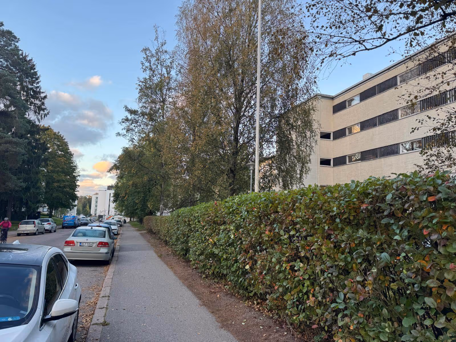 Kadunvarsinäkymä: autot, jalkakäytävä, pensasaita ja kerrostalo auringonlaskun valossa.