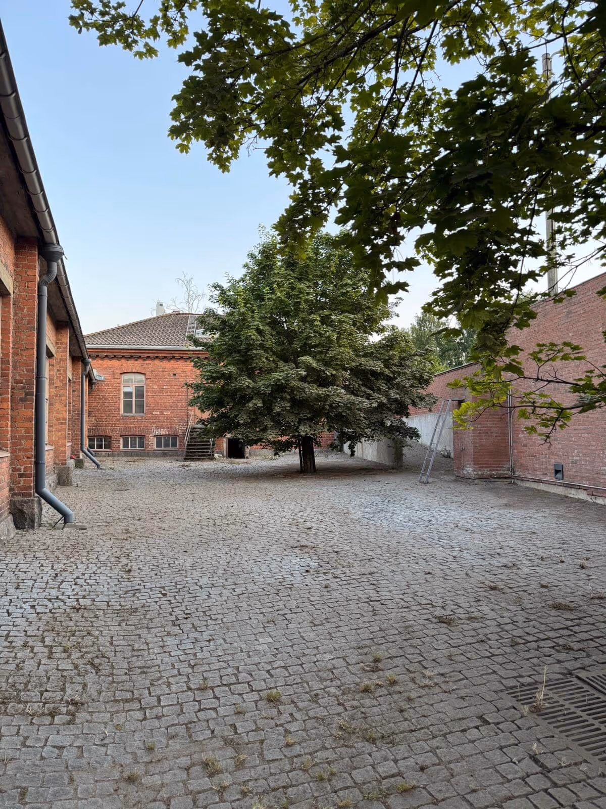 Kivirakenteinen piha, punatiilitalot, suuri puu ja vihreät lehdet luovat rauhallisen tunnelman.