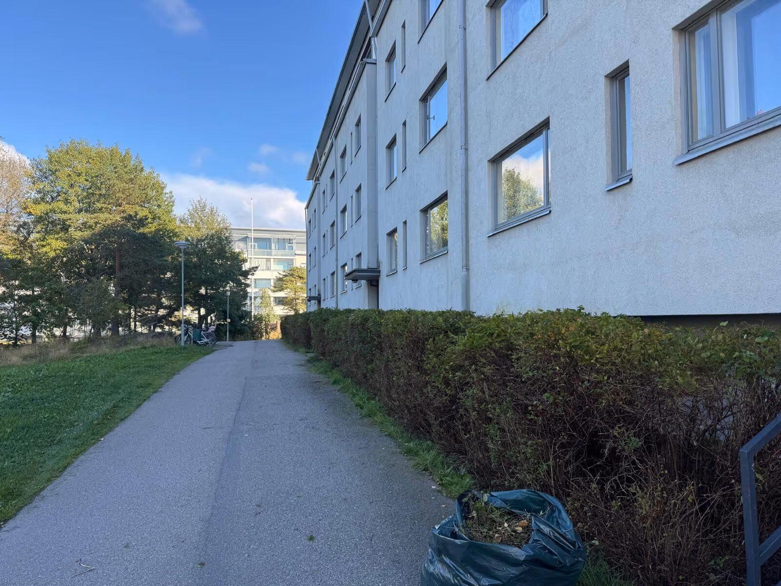 Ulkona on polku, jonka vieressä on kerrostalo ja pensasaita. Polun varrella on musta jätesäkki täynnä lehtiä. Taustalla näkyy puita ja toinen rakennus. Valoisa sää.