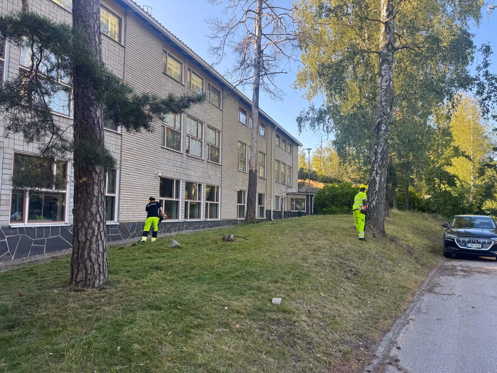 Ulkona on aurinkoinen päivä, ja kaksi työntekijää leikkaa ruohoa rakennuksen edessä. Toinen työntekijä on lähellä rakennusta ja toinen lähellä mustaa autoa. Molemmilla on yllään neonkeltaiset turvavaatteet.
